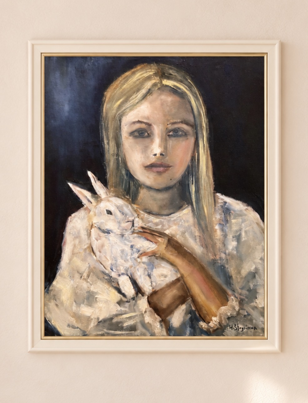 Interior visualisation of Girl with a Rabbit by Marina Stognieva framed on a wall